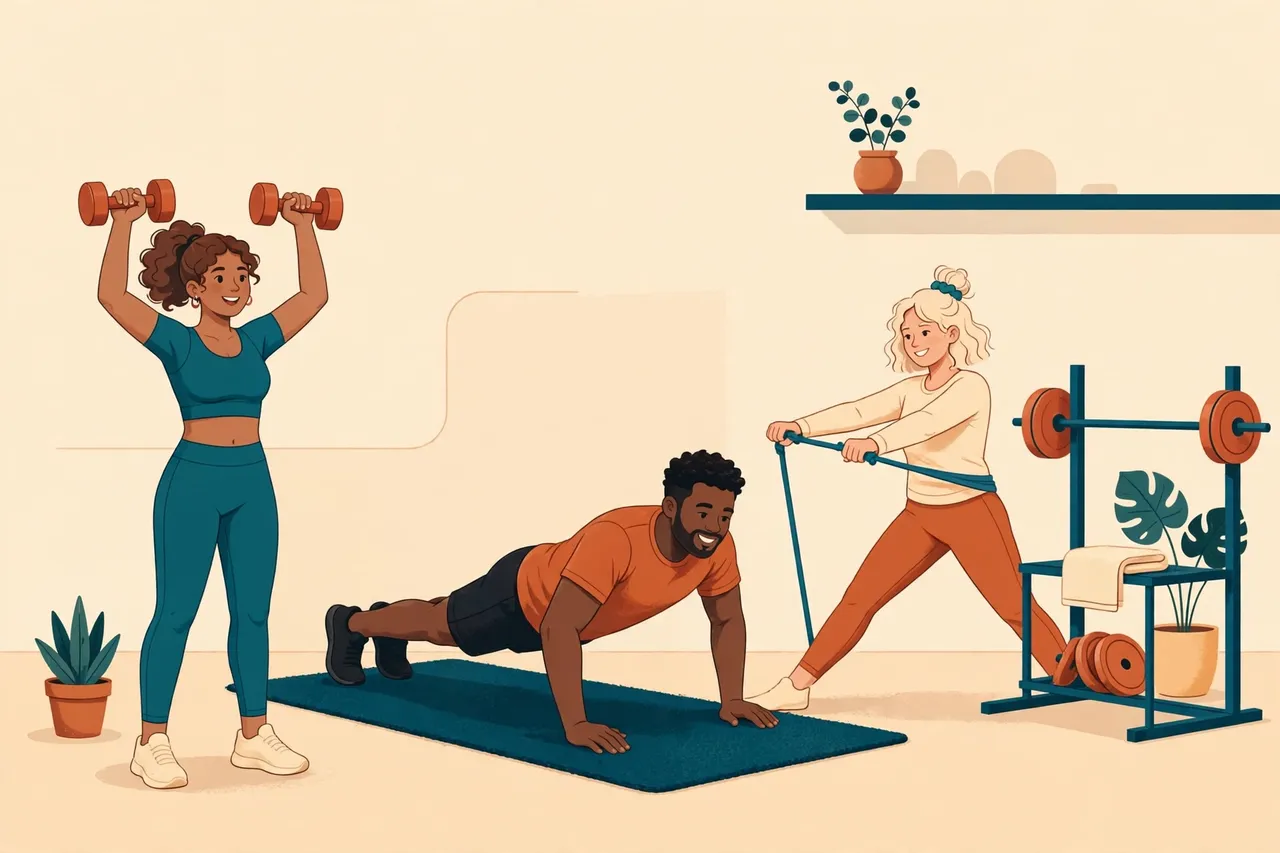 Ilustración de tres personas entrenando: una mujer con mancuernas, un hombre haciendo flexiones y una mujer con banda elástica junto a un rack de pesas